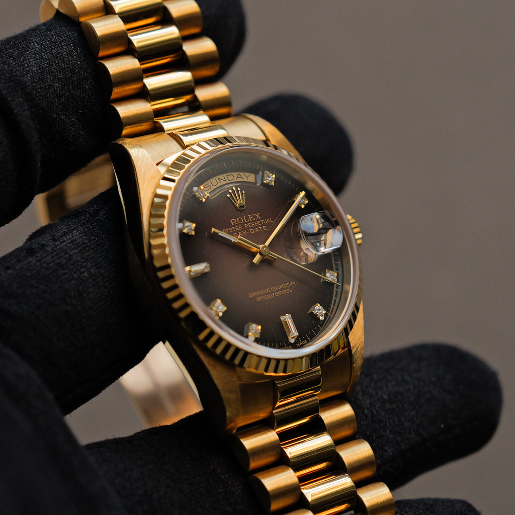 ロレックス/デイデイト18238A/A番/ブラウングラデーション/8Pダイヤ・2Pバゲット/トリチノバ/ROLEX DAY-DATE REF.18238 Brown Vignette Dial 8P Diamond 2P Baguette Tritinova 1998-99y