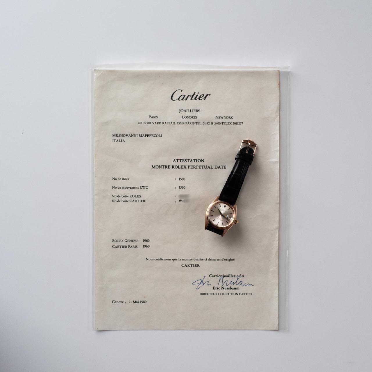ROLEX "Cartier" Oyster Perpetual Date PG Ref.1503 1960y with Archive Paper