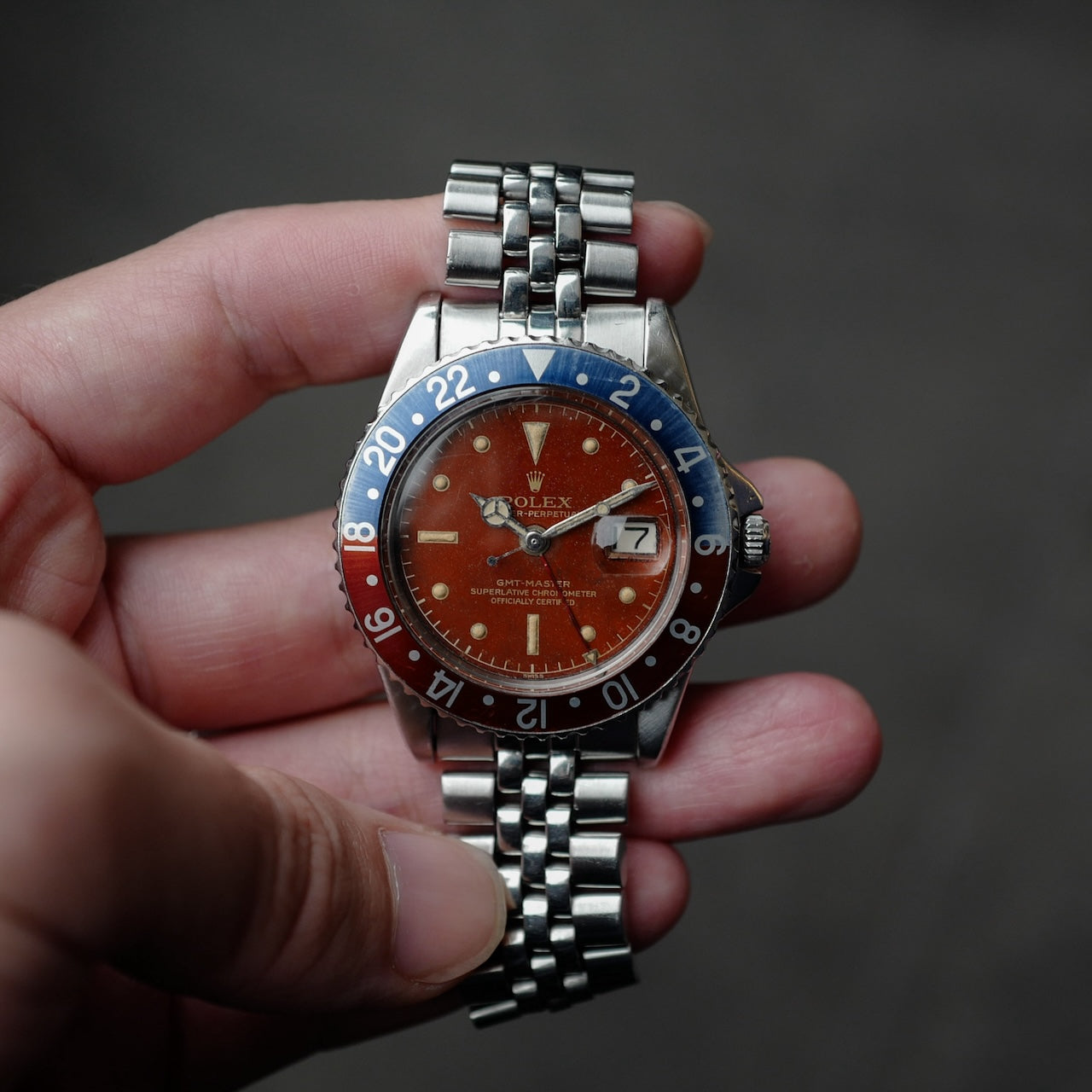 ロレックス/GMT-マスターPCG1675マーク１/レッド・トロピカル/ROLEX GMT-MASTER Ref.1675 PCG Mk1 Dial "RED TROPICAL" 1960y