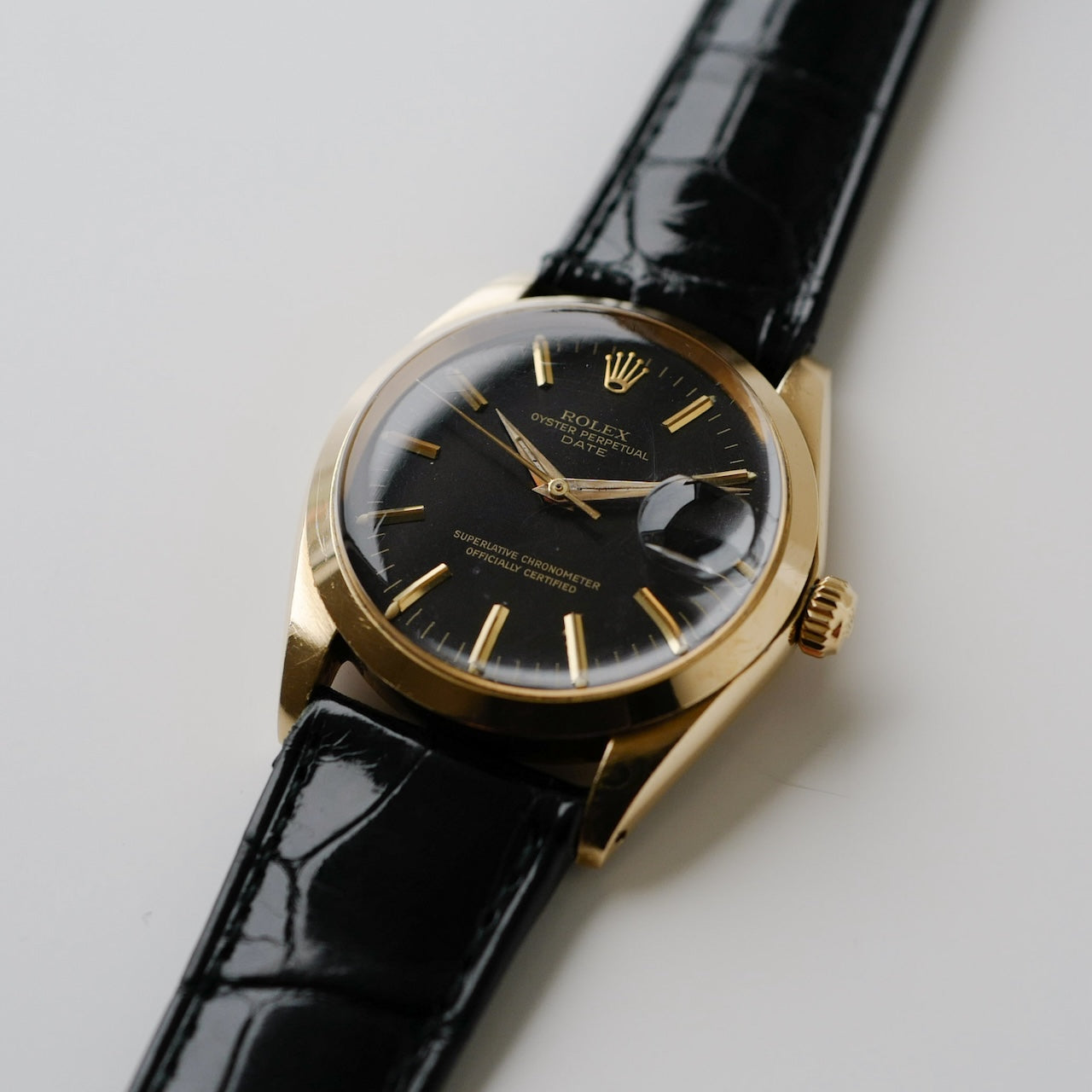 ロレックス/オイスターパーペチュアルデイト1500/8/ミラーダイヤル/18KYG/国際保証書つき/ROLEX OYSTER PERPETUAL DATE Ref.1500/8"GILT DIAL" 18KYG 1966y with Paper