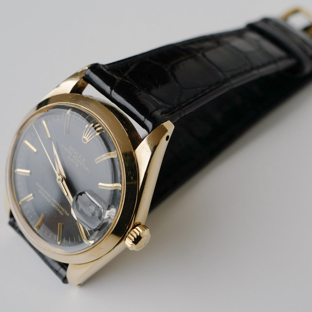 ロレックス/オイスターパーペチュアルデイト1500/8/ミラーダイヤル/18KYG/国際保証書つき/ROLEX OYSTER PERPETUAL DATE Ref.1500/8"GILT DIAL" 18KYG 1966y with Paper
