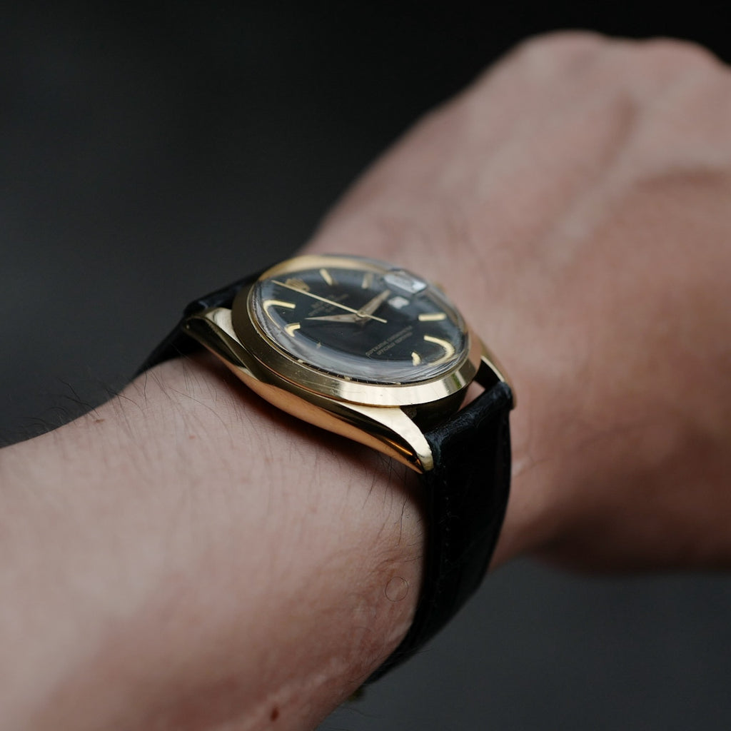 ロレックス/オイスターパーペチュアルデイト1500/8/ミラーダイヤル/18KYG/国際保証書つき/ROLEX OYSTER PERPETUAL DATE Ref.1500/8"GILT DIAL" 18KYG 1966y with Paper