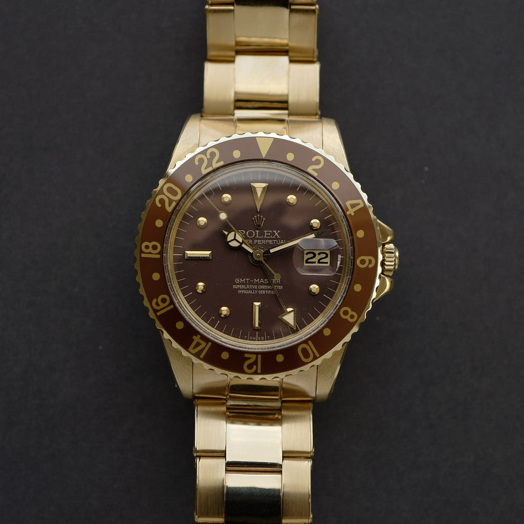 ロレックス/GMTマスター1675/8/茶つぼ/保証書/ROLEX GMT-MASTER Ref.1675/8  "Nipple Dial" 18KYG 1971y
