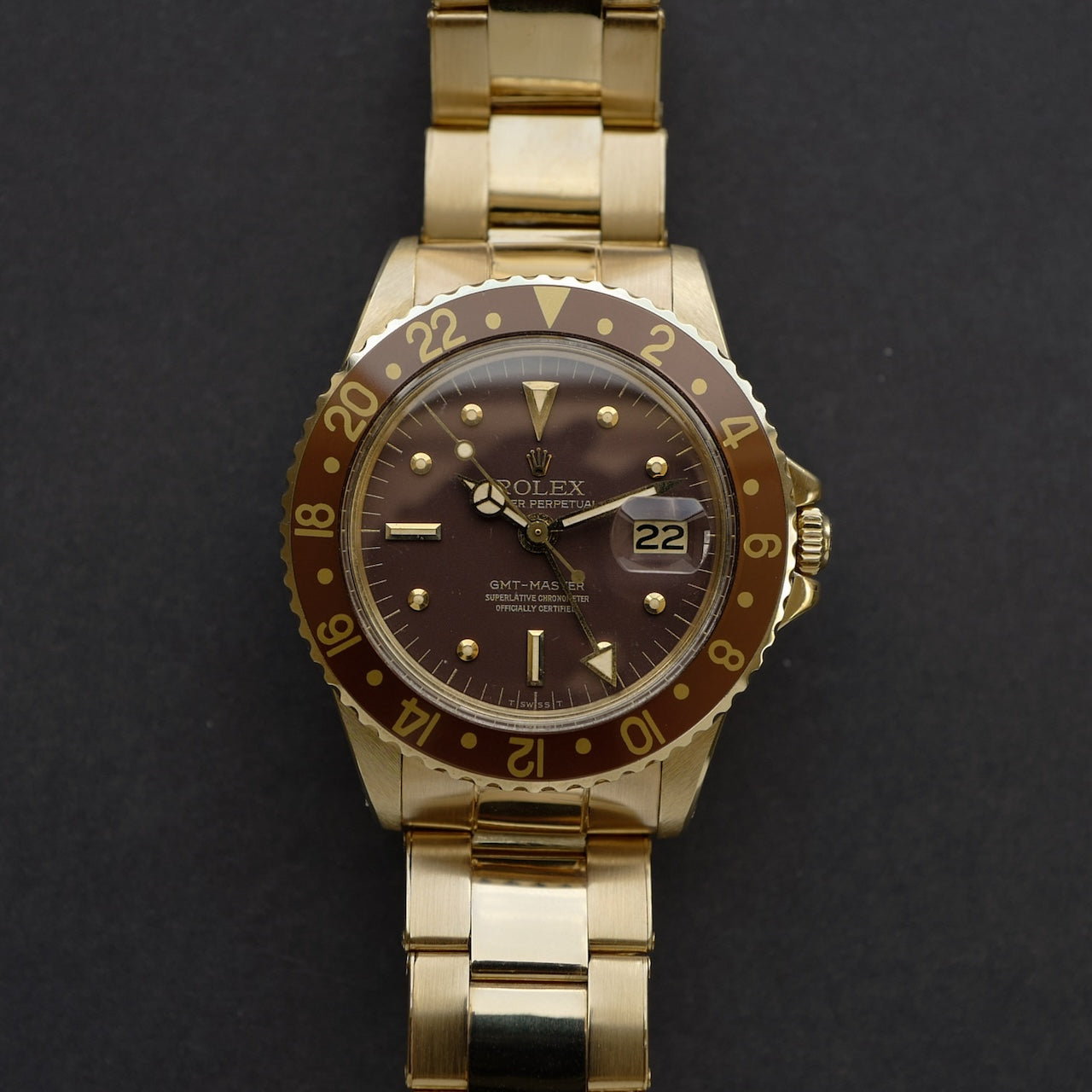 ロレックス/GMTマスター1675/8/茶つぼ/保証書/ROLEX GMT-MASTER Ref.1675/8  "Nipple Dial" 18KYG 1971y